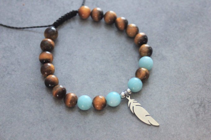 Bracelet perles oeil de tigre et amazonite avec plume acier inoxydable