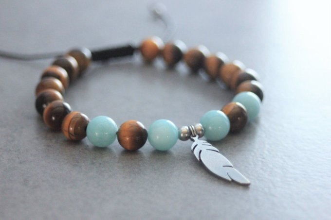 Bracelet perles oeil de tigre et amazonite avec plume acier inoxydable