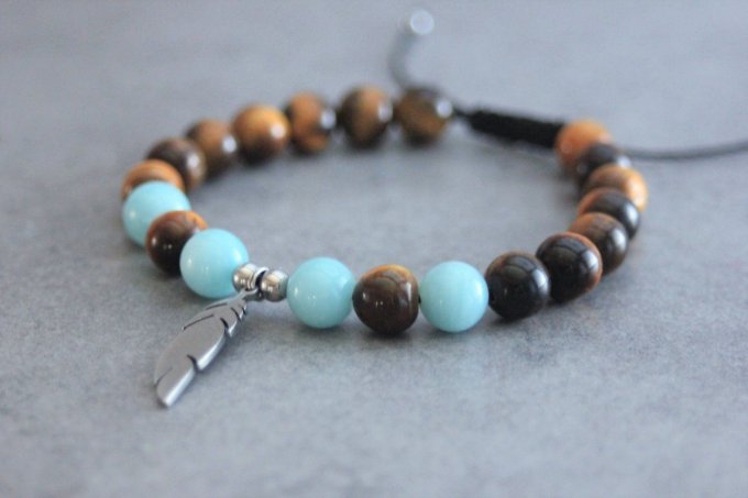 Bracelet perles oeil de tigre et amazonite avec plume acier inoxydable