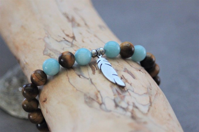 Bracelet perles oeil de tigre et amazonite avec plume acier inoxydable