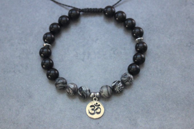 Bracelet perles onyx, jaspe picasso et breloque Ohm acier inoxydable