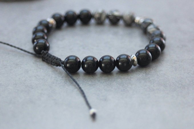 Bracelet perles onyx, jaspe picasso et breloque Ohm acier inoxydable