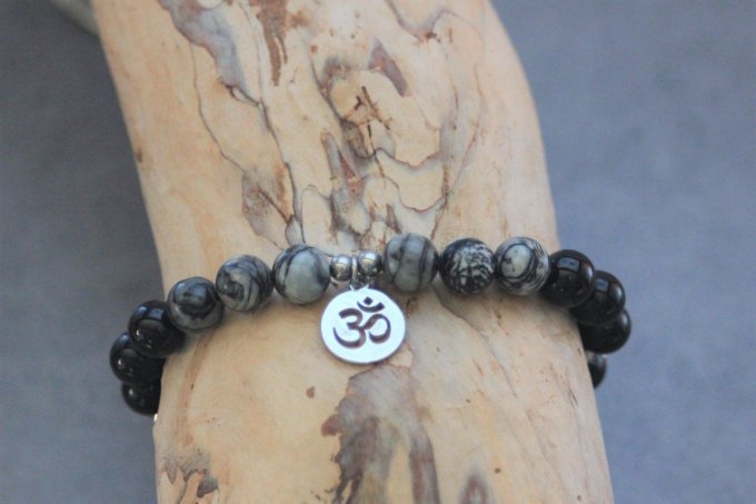 Bracelet perles onyx, jaspe picasso et breloque Ohm acier inoxydable