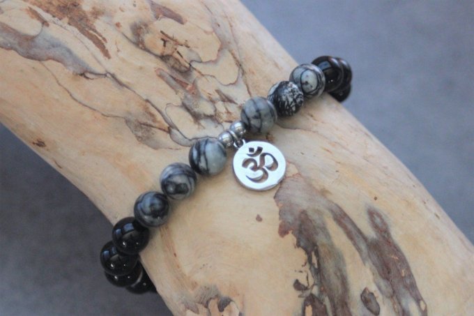 Bracelet perles onyx, jaspe picasso et breloque Ohm acier inoxydable