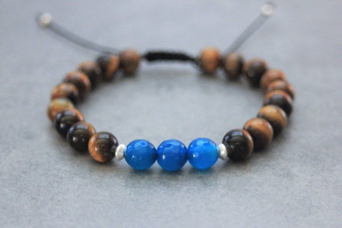 Bracelet perles oeil de tigre, agate bleu et argent 925