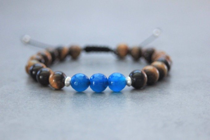 Bracelet perles oeil de tigre, agate bleu et argent 925