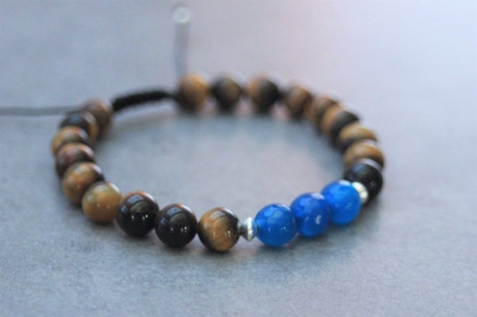Bracelet perles oeil de tigre, agate bleu et argent 925