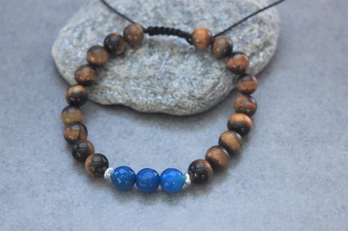 Bracelet perles oeil de tigre, agate bleu et argent 925