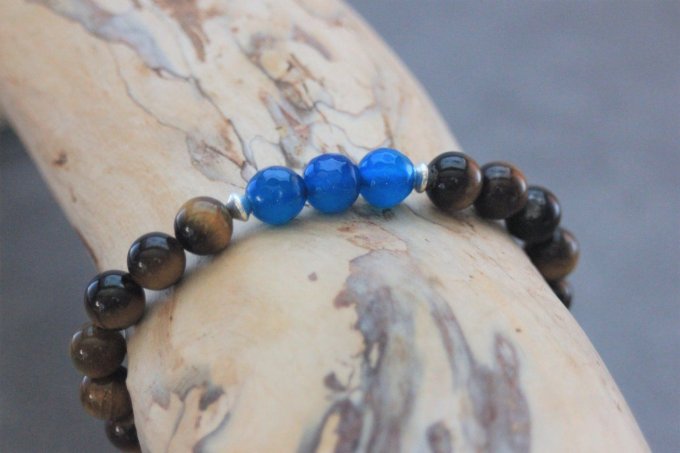 Bracelet perles oeil de tigre, agate bleu et argent 925