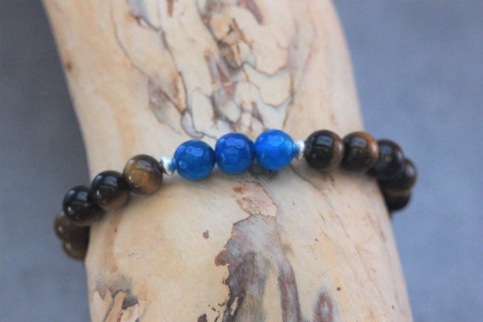 Bracelet perles oeil de tigre, agate bleu et argent 925