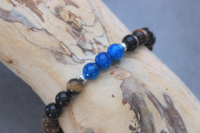 Bracelet perles oeil de tigre, agate bleu et argent 925