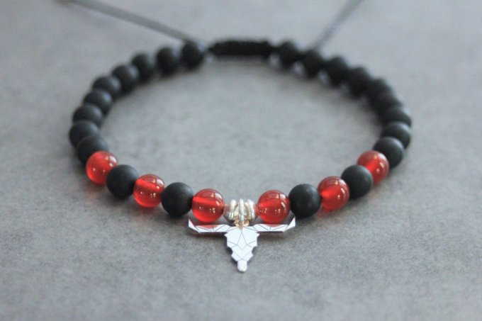 Bracelet perles onyx mat, agate rouge et tête de buffle en argent 925