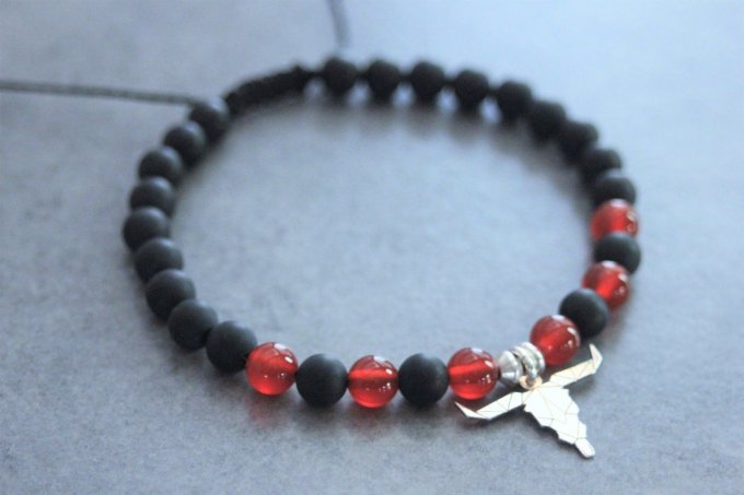Bracelet perles onyx mat, agate rouge et tête de buffle en argent 925