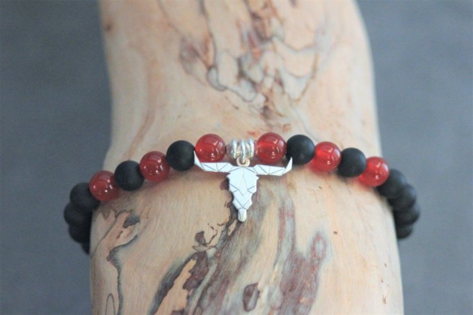 Bracelet perles onyx mat, agate rouge et tête de buffle en argent 925