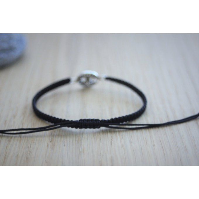 Bracelet cordon macramé noir breloque arbre de vie en argent massif 925