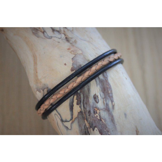 Bracelet homme en cuir noir et cuir marron tressé fermoir acier 