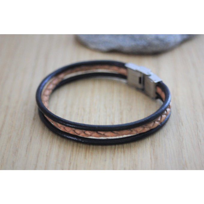 Bracelet homme en cuir noir et cuir marron tressé fermoir acier 