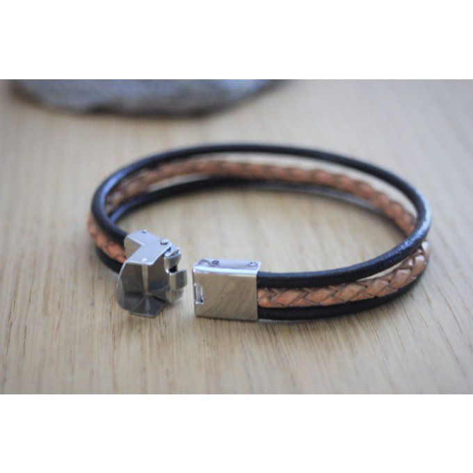 Bracelet homme en cuir noir et cuir marron tressé fermoir acier 