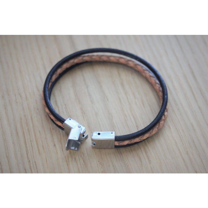 Bracelet homme en cuir noir et cuir marron tressé fermoir acier 