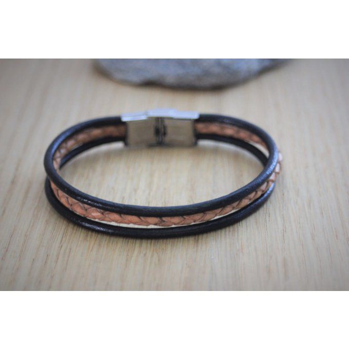 Bracelet homme en cuir noir et cuir marron tressé fermoir acier 