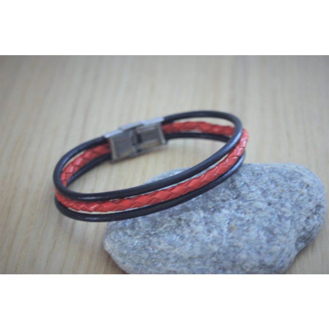 Bracelet homme en cuir noir et cuir rouge tressé fermoir acier