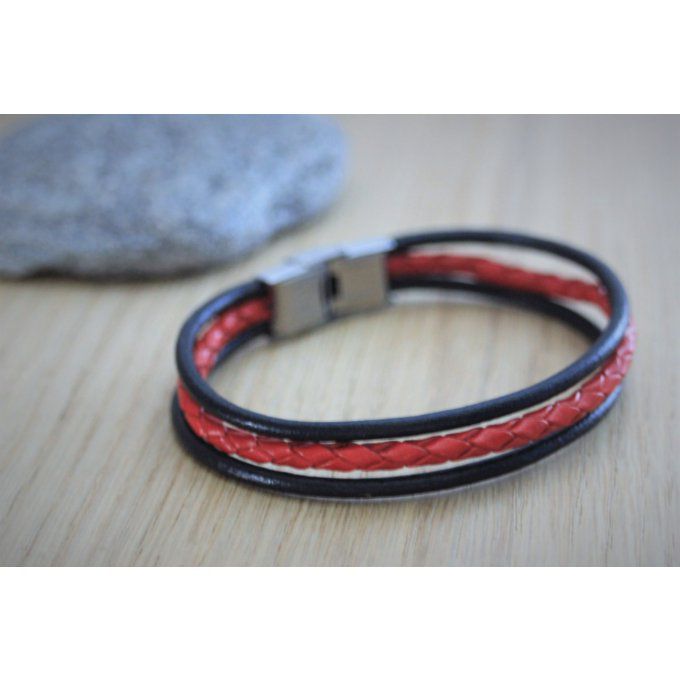 Bracelet homme en cuir noir et cuir rouge tressé fermoir acier