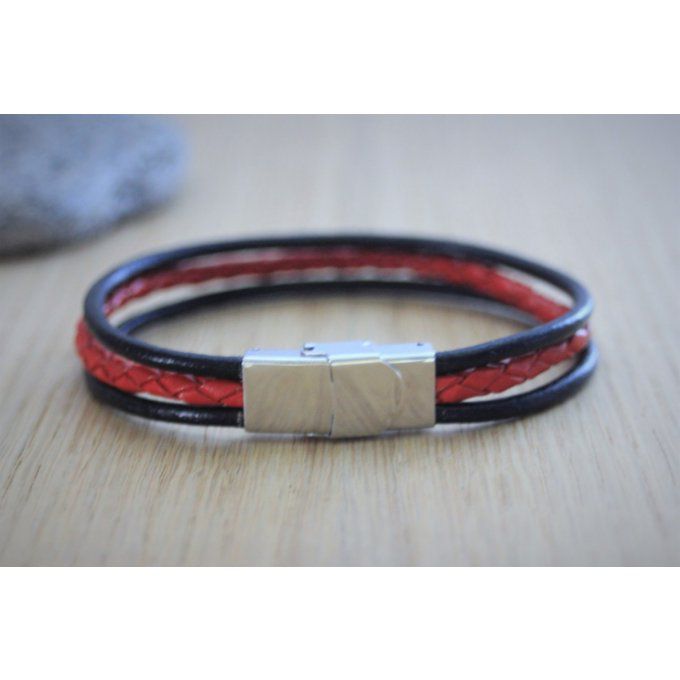 Bracelet homme en cuir noir et cuir rouge tressé fermoir acier