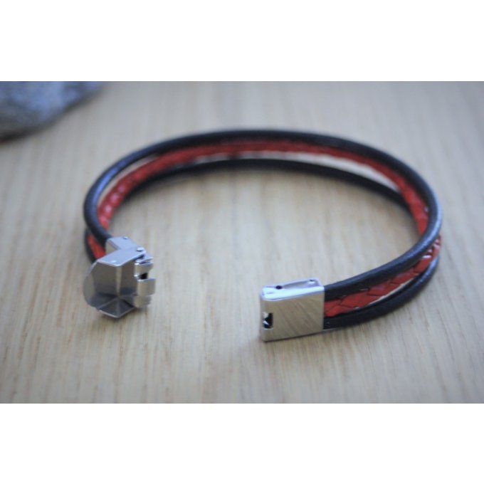 Bracelet homme en cuir noir et cuir rouge tressé fermoir acier