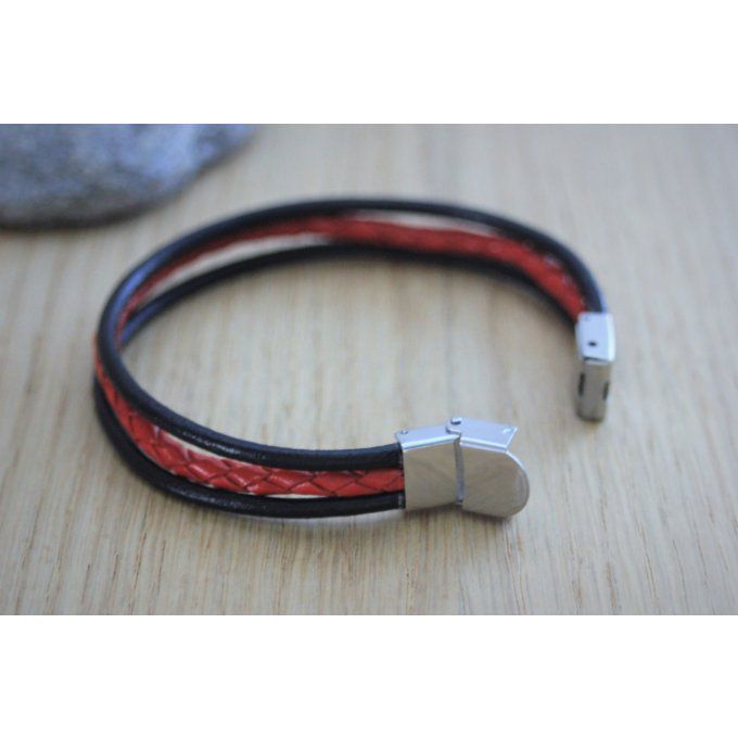 Bracelet homme en cuir noir et cuir rouge tressé fermoir acier