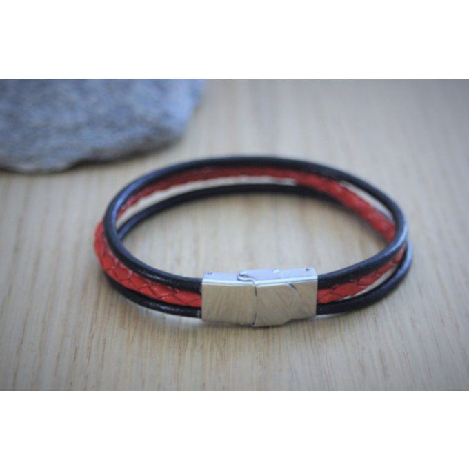Bracelet homme en cuir noir et cuir rouge tressé fermoir acier