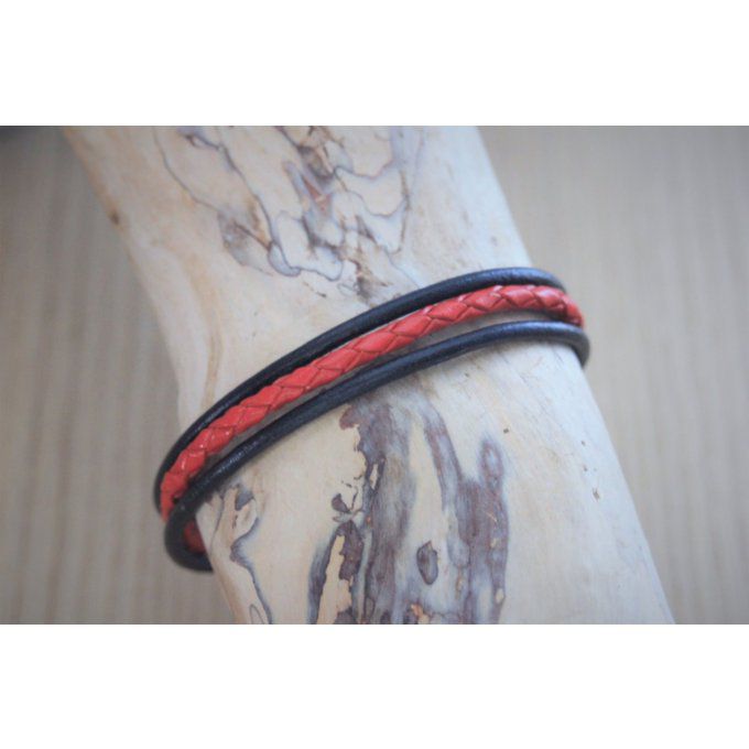 Bracelet homme en cuir noir et cuir rouge tressé fermoir acier