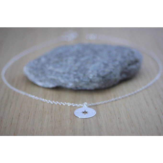 Collier argent massif 925 pendentif boussole - rose des vents