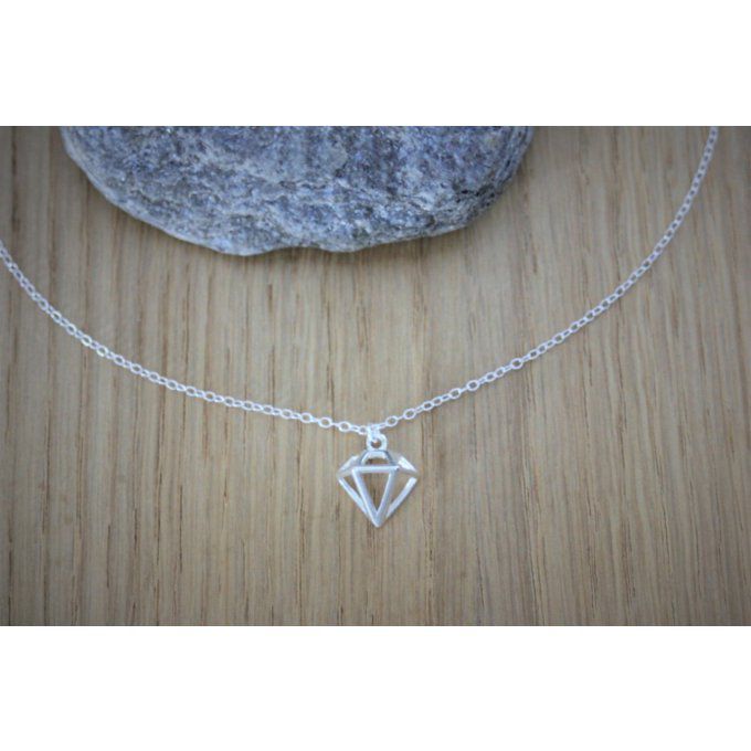 Collier argent massif pendentif diamant 3D