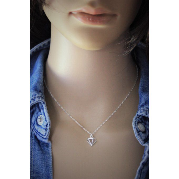 Collier argent massif pendentif diamant 3D