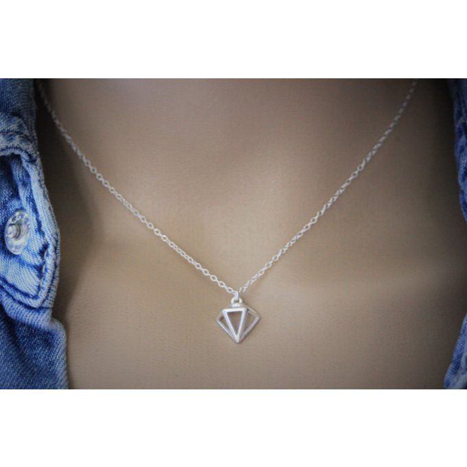 Collier argent massif pendentif diamant 3D