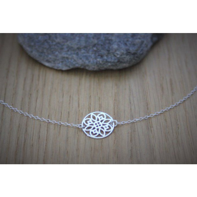 Collier argent massif pendentif rosace mandala