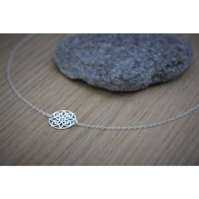 Collier argent massif pendentif rosace mandala