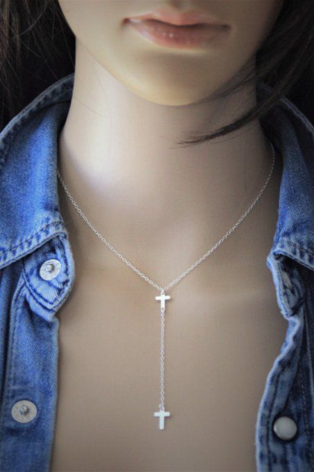 Collier cravate en argent massif pendentif double croix