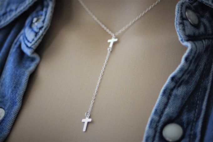 Collier cravate en argent massif pendentif double croix