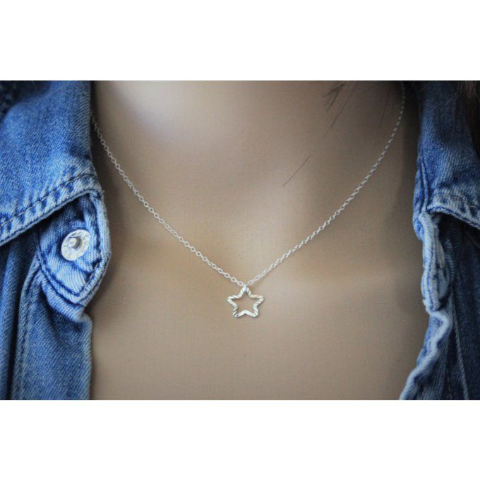 Collier argent massif pendentif étoile martelée