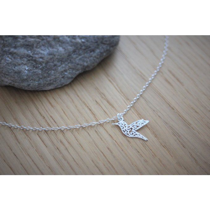 Collier argent massif pendentif colibri