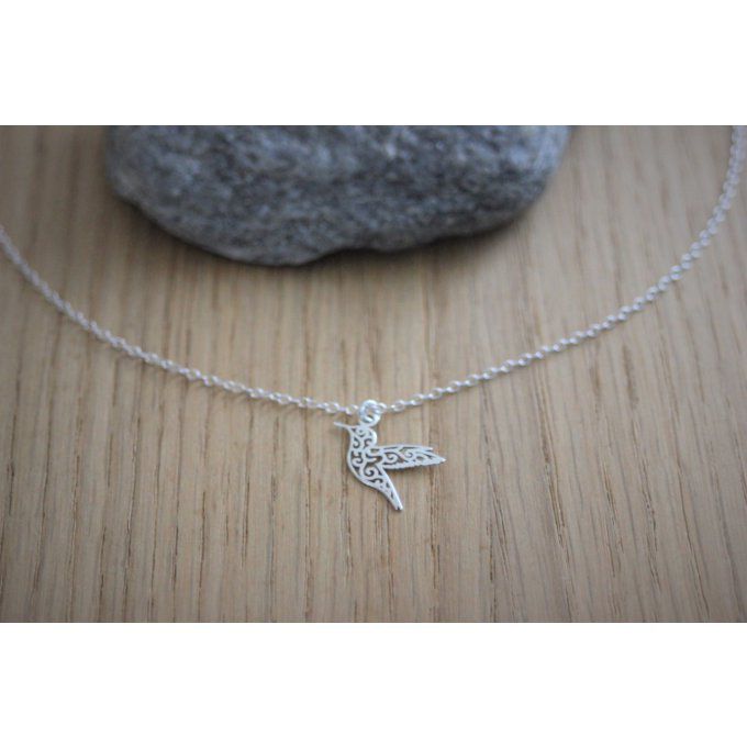 Collier argent massif pendentif colibri