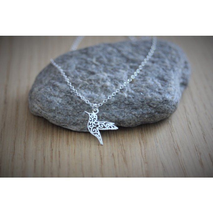 Collier argent massif pendentif colibri