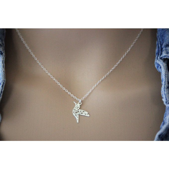 Collier argent massif pendentif colibri