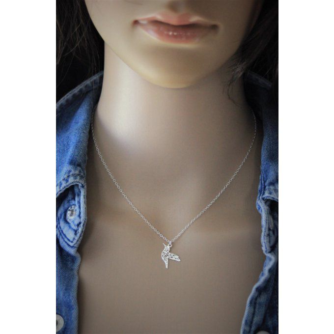 Collier argent massif pendentif colibri