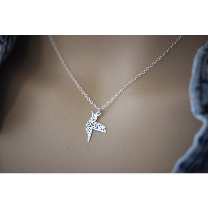 Collier argent massif pendentif colibri