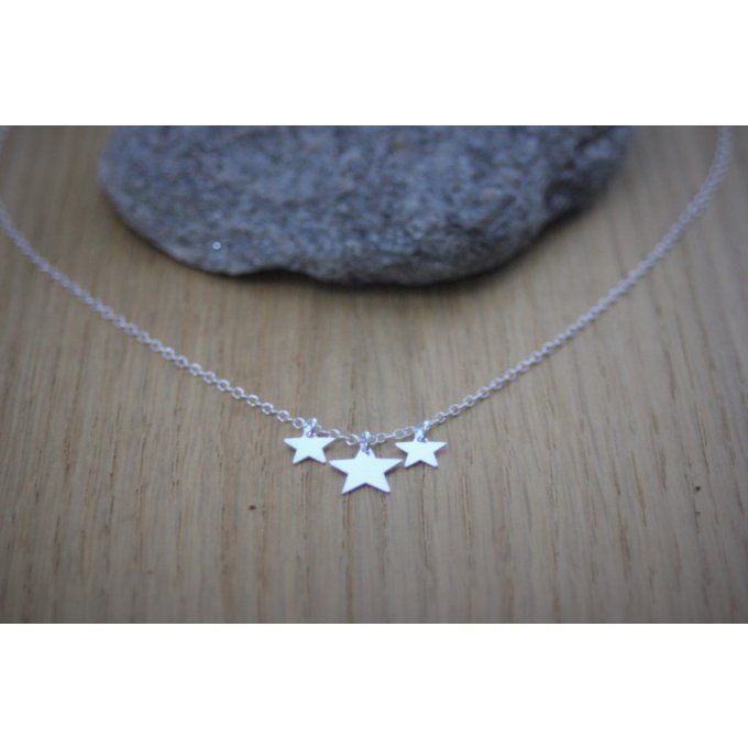 Collier ras du cou en argent massif 3 étoiles