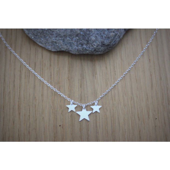 Collier ras du cou en argent massif 3 étoiles