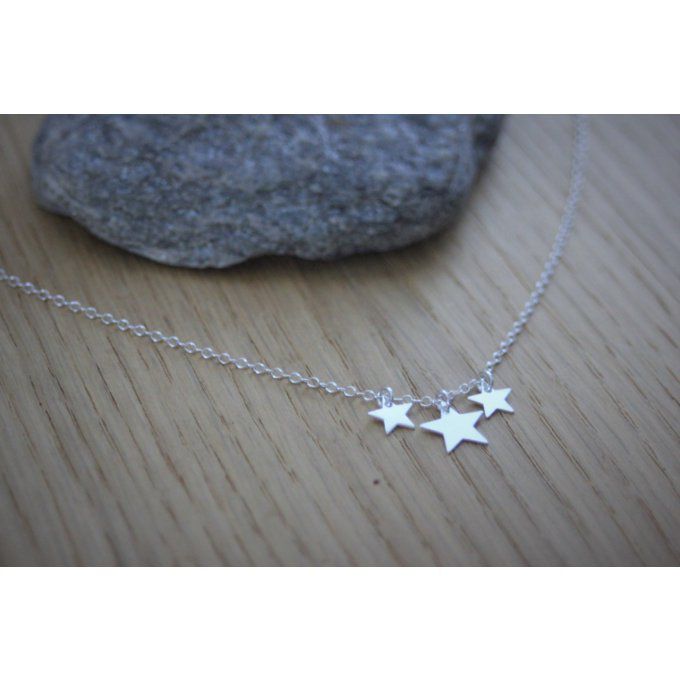 Collier ras du cou en argent massif 3 étoiles