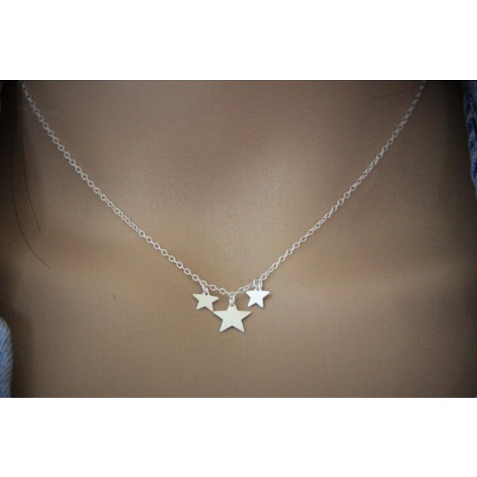 Collier ras du cou en argent massif 3 étoiles